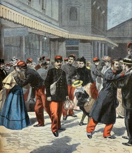 Klassens tilbakekomst. Etter militærtjenesten vender soldatene tilbake til familiene sine 1897 (Gravering)