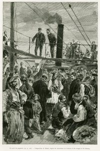 Skipets dekk. Gravering av Tofani for å illustrere historien Voyage en Thessalie i 1882, av Paul Monceaux, i le tour du monde 1887, regissert av Edouard Charton (1807-1890), Hachette, Paris. av Oswaldo Tofani