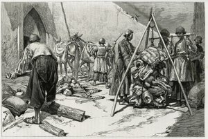 Veiingen av bagasjen før avgang av Delafoy-brudeekspedisjonen. Gravering av Tofani, for å illustrere historien "" Persia, Chaldee og Susiane"" av Oswaldo Tofani