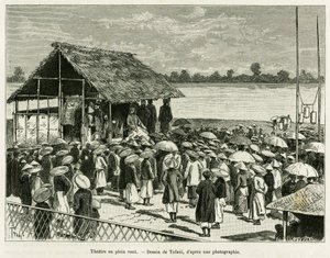 Teater i vinden. Gravering av Tofani, etter et fotografi, for å illustrere historien Trente mois au Tonkin, i 1884, av Dr Paul Hocquard, i le tour du monde 1890, under ledelse av Edouard Charton (1807-1890), Hachette, Paris. av Oswaldo Tofani