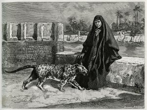 Torkan Khanoum, favoritten til Sheikh Moses, mektig stammeleder i Arabistan med panteren sin. Gravering av Tofani, for å illustrere historien "Persia, Chaldee og Susiane" av Oswaldo Tofani