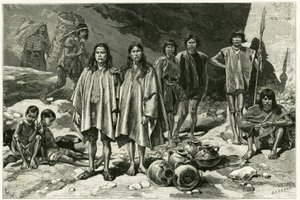 Typer indianere fra Cordilleres i Ecuador, til venstre, i bakgrunnen, Yumbos of Nanegal, i forgrunnen Lojanos, i midten et par Zaparos, til høyre, Jivaros-krigere. Gravering av Tofani, basert på dokumenter, for å illustrere historien av Oswaldo Tofani