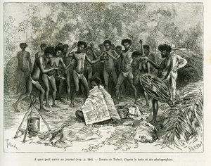 Hva kan en avis brukes til? Gravering av Tofani, for å illustrere historien Chez les cannibales, Journey to North-East Australia av Oswaldo Tofani