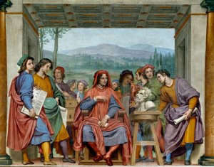 Laurent de Medici (1449-1492) (Laurent den storslåtte: Lorenzo il Magnifico) sitter i midten av florentinske kunstnere. Han beundrer et hode av faunaen til Michelangelo (Michelangelo, Michel Ange). Fresco av Ottavio Vannini (1585-1643). 1635 omtrent Sala