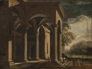 Arkitektonisk Fantasy-palass i et landskap (olje på lerret) av Ottavio Viviani