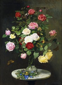 En bukett roser i en glassvase av Wild Flowers på et marmorbord, 1882