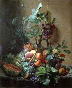 Stilleben av en melon, plommer, fersken