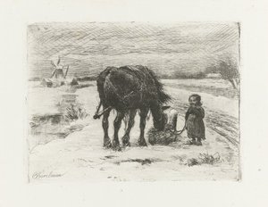 Snølandskap med barn og hest