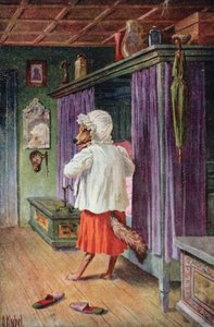 Postkort som viser ulven forkledd som Rødhettens bestemor (farge litho)
