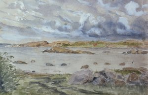 Hav- og landskapsskisse (akvarell og blyant på papir)