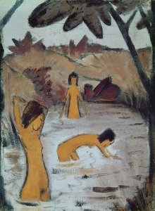Tre badegjester i dammen. Rundt 1912