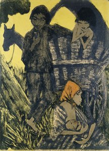 Sigøynerfamilie på en vogn; Sigøynerfamilie ved den overbygde vognen, av Otto Mueller