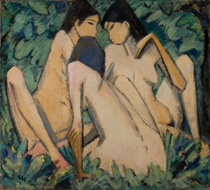 Tre jenter i en skog, ca. 1920 (olje og tempera på panel)