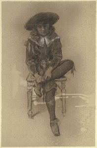 Sittende gutt i historisk drakt fra «Forberedelser til kostymeballet» av Otto Scholderer