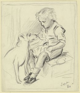 Sittende gutt med sittende hund