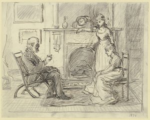Tre personer ved peisen av Otto Scholderer