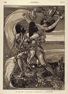 En ung kvinne - en gammel mann - en hard nøtt - en hul tann (litho) av Otto Seitz