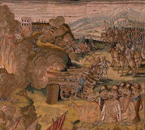 flamsk billedvev. Serietriumfer og slag av erkehertug Albert. Nattlig angrep på Ardres eller fangst av den lave byen Ardres (Asalto nocturno de Ardrés o Toma de la baja villa de Ardrés). Tredje billedvev i serien. Modell Otto van Veen og Hans I Snell av Otto van Veen