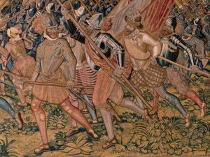 flamsk billedvev. Serietriumfer og slag av erkehertug Albert. Nattlig angrep på Ardres eller fangst av den lave byen Ardres (Asalto nocturno de Ardrés o Toma de la baja villa de Ardrés). Tredje billedvev i serien. Modell Otto van Veen og Hans I Snell av Otto van Veen