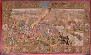 flamsk billedvev. Serietriumfer og slag av erkehertug Albert. Overraskelse på Calais (La sorpresa de Calais). Første billedvev i serien. Modell Otto van Veen og Hans I Snellinck. Produksjon Martin Reynbouts, Brussel. 1597-1599. Stoff Gull, sølv, si
