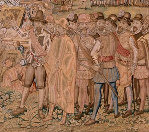 flamsk billedvev. Serietriumfer og slag av erkehertug Albert. Erobringen av byen Hulst (Toma de la Plaza de Hulst). Syvende billedvev i serien. Modell Otto van Veen og Hans I Snellinck. Produksjon Martin Reynbouts, Brussel av Otto van Veen