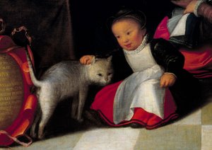 Kunstneren og hans familie Detalj som representerer katten og barnet. Maleri av Octavius Van Veen (1556-1629)