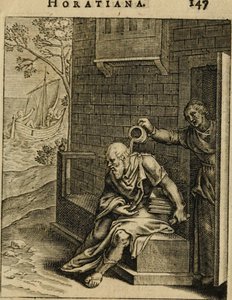 Xanthippe tømmer en kammergryte over Sokrates. Fra Emblemata Horatiana, 1607