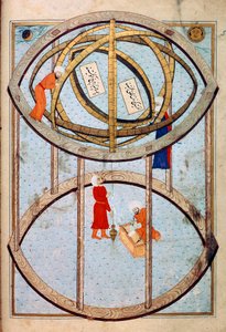 Astronomer manipulerer en enorm armillarkule og verktøy for å måle lengde- og breddegrad Miniatyr fra manuskriptet ms. FY 1404 "" Sehinsahname"" (eller Shahinshah-nama eller Shahinshah-nameh, Shahinshah nama eller Shahinshah nameh) "Historien om kongen av av Ottoman School