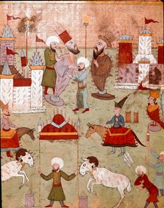 Festligheter organisert i anledning omskjæringen av sønnen til den osmanske sultanen Murad II (Murat) (1404-1451), forberedelse av fyrverkeri Miniatyr av Istanbul fra 1500-tallet, Topkapi Sarayi Museum Library av Ottoman School