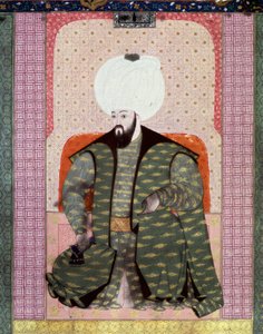 Det osmanske riket: "" Portrett av den osmanske sultanen Bajazed (Bayezid, Bajazet, Bayazid) II den rettferdige (1447-1512)"" Miniatyr fra manuskriptet (Ms. 1973, folio 62a) "" Zubdat al Tawarikh" (Zubdat al Tawarikh) (Creme of Stories) av historikeren Sey av Ottoman School
