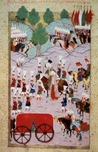 Det osmanske riket: representasjon av Sultan Soliman (Suleyman) Jeg sa den storslåtte (1520-1566) og hans hær. Miniatyr fra "Hunername" av Lokman, vol. 1 (H 1523, f.7) 1584 Topkapi Sarayi Museum Library Istanbul av Ottoman School