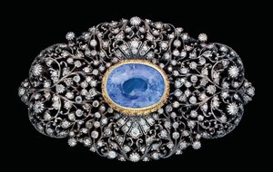 Innsatt brosje med ottomansk diamant og safir (safir og diamanter satt i gull og sølv) av Ottoman School