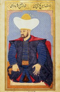 Portrett av sultanen fra det osmanske riket Murad I (1326-1389) Miniatyr fra manuskriptet "" Menneskelig fysiognomi (Om personlige arrangementer av osmanerne) av Seyyid Lokman Hussein. (Ms. ty6087 folio 27b) av Ottoman School