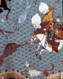 Representasjon av hoffmennene til Sultan Murad II (Murat) (1404-1451) som jakter på Fawn Detail. 1600-talls miniatyr. Istanbul, Topkapi Sarayi museumsbibliotek av Ottoman School