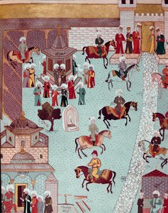 Utsikt over kirken St. Irene (Saint Irene), porten til Serail og palasset til sultanene i Konstantinopel Miniatyr på 1600-tallet. Topkapi Sarayi Istanbul av Ottoman School