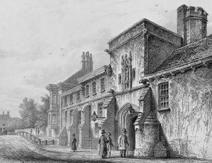 College Gate og Wardens Lodge Winchester, ca. 1830