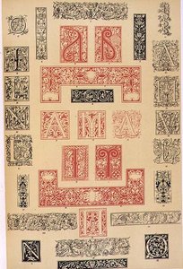 Eksempler på typografiske utsmykninger fra Italia og Frankrike fra 1500 -tallet, utgitt av Aldine, Giunta og Stephan, kapittel XIX, plate XC, fra 'Grammar of Ornament' 1868 (farge lito) av Owen Jones
