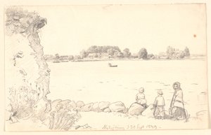 En dame og to barn på Guldborgsund. Nykøbing Falster. av P.C. Skovgaard