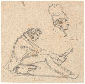 HAN. Freund sitter på en krakk og ser på en tegning. Over t.h. profilportrett av J. Th. Lundbye. av P.C. Skovgaard