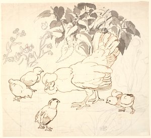 Høne med ungene i en sirkulær komposisjon. av P.C. Skovgaard