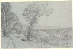 Italiensk fjellandskap med utsikt mot "Genazzano 9. juli 1869.". av P.C. Skovgaard