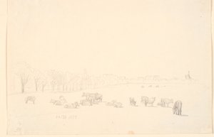 Kyr på allmenningen, i bakgrunnen Tagens Mølle av P.C. Skovgaard