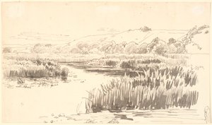 Landskap med en bekk som vokser høye siv langs bredden. Bakker i bakgrunnen. Sannsynligvis Vejle av P.C. Skovgaard