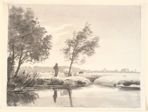 Landskap med jorder, trær, kyr og en bonde reflektert i vannet i forgrunnen av P.C. Skovgaard