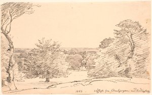 Landskap med trær og vid utsikt fra Ambjergene mot Vordingborg. av P.C. Skovgaard