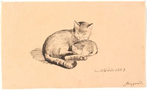 Liggende katt med kattungen sin. av P.C. Skovgaard