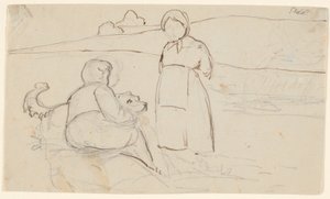 Sittende gutt med hund og stående jente i et landskap. av P.C. Skovgaard