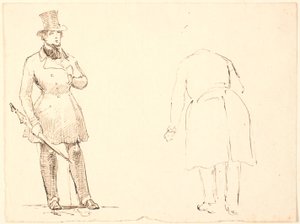 Stående herre med paraply og t.h. bøyende herre sett bakfra av P.C. Skovgaard