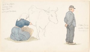 Studieblad med jente som melker en ku, t.h. stående bonde. av P.C. Skovgaard