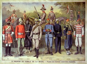 Engelske kolonihærer i sine respektive uniformer for å feire dronning Victorias jubileum, 21. juni 1883, illustrasjon fra 